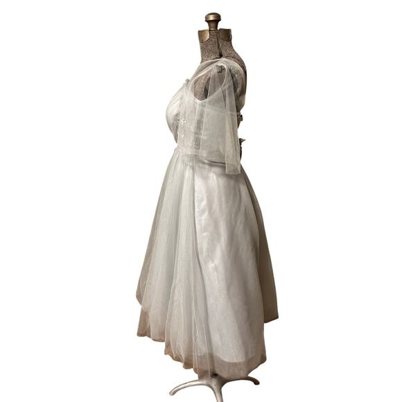 Vintage Inspired Light Gray Tulle Dress Corset Back Tea Length Bridal Prom M - Picture 5 of 13